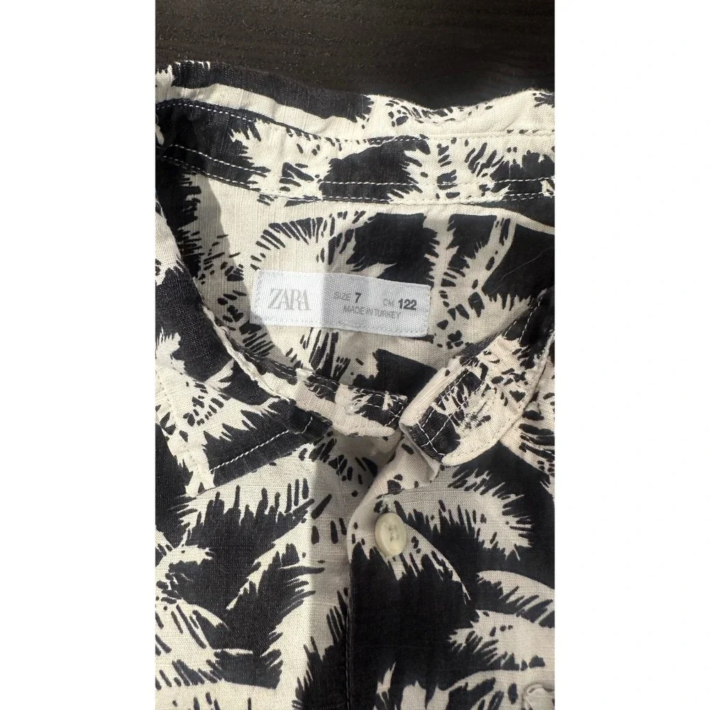 Zara Kids Boys Palm Tree Tropical Print Button Down Shirt Black White Size 7